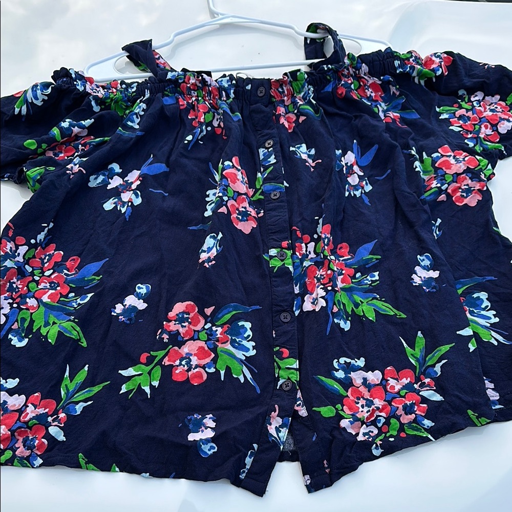 Women Within navy  flowered top, cold shoulder Large